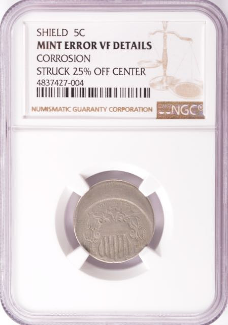 NGC 5c (1866-1883) Shield Nickel Struck 25% Off-Center VF Details